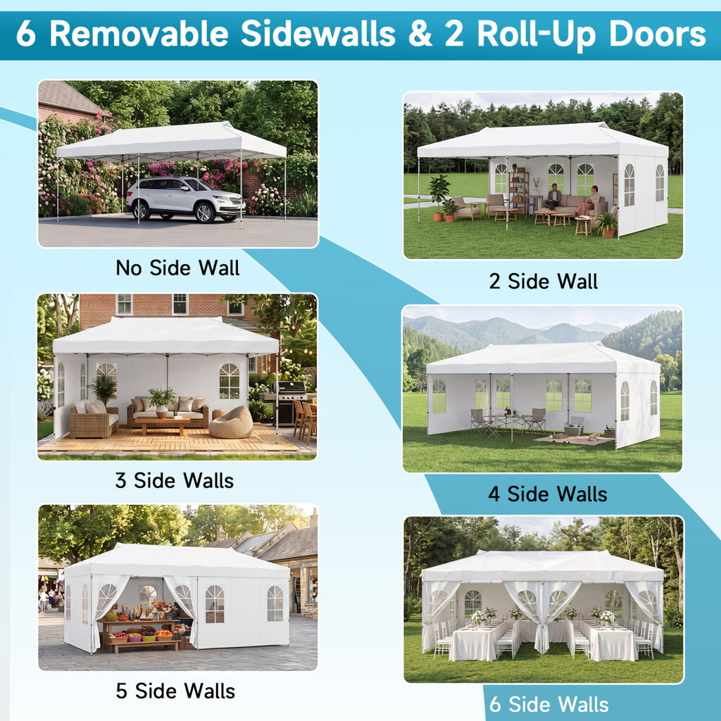 10 x 20 FT Pop Up Canopy Tent with 6 Sidewalls and Adjustable Height-White
