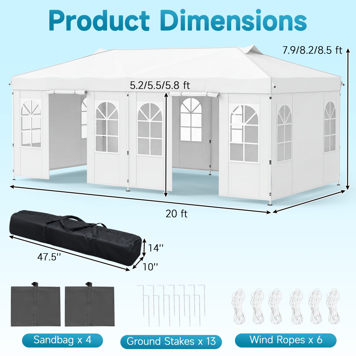 10 x 20 FT Pop Up Canopy Tent with 6 Sidewalls and Adjustable Height-White