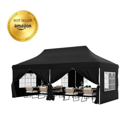 10 x 20 FT Pop up Canopy with 6 Sidewalls and Windows and Carrying Bag for Party Wedding Picnic-Black