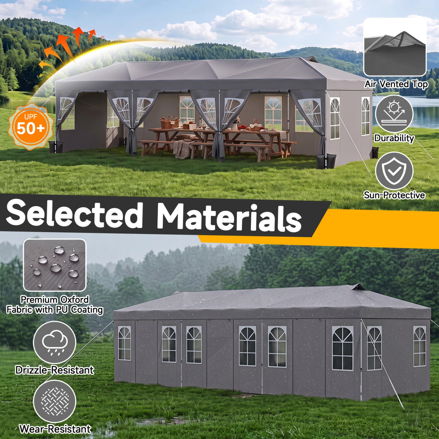10 x 30 FT Pop Up Canopy Tent with 8 Sidewalls and Adjustable Height-Gray