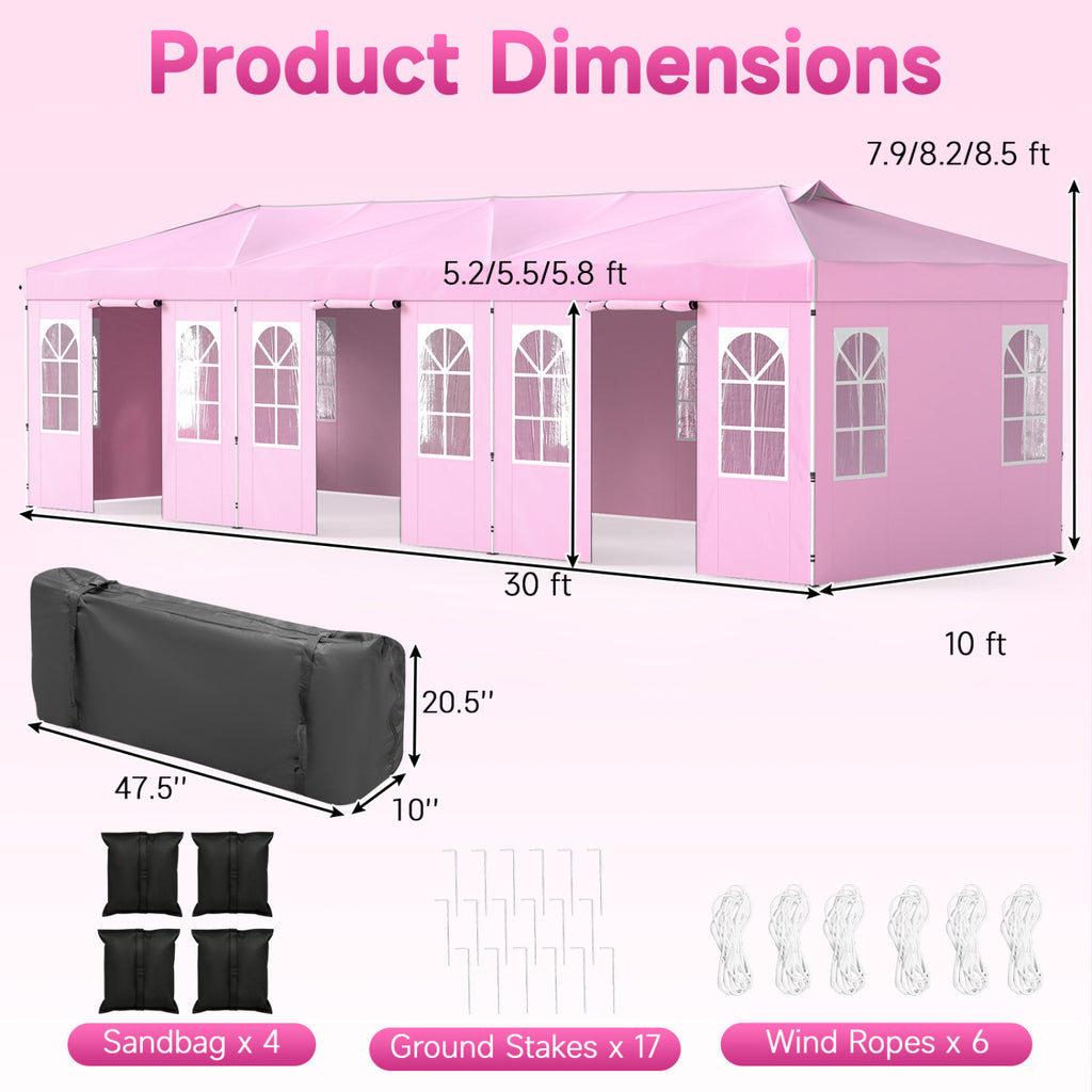 10 x 30 FT Pop Up Canopy Tent with 8 Sidewalls and Adjustable Height-Pink