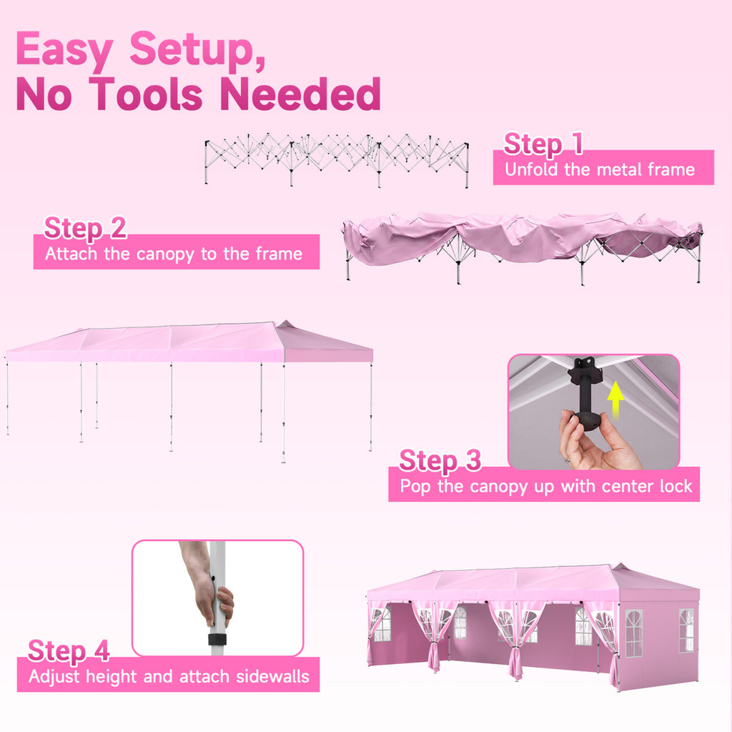 10 x 30 FT Pop Up Canopy Tent with 8 Sidewalls and Adjustable Height-Pink