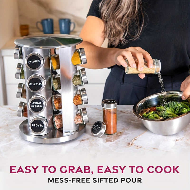 Spice rack with sifting spices being added to a bowl of vegetables in a kitchen setting.