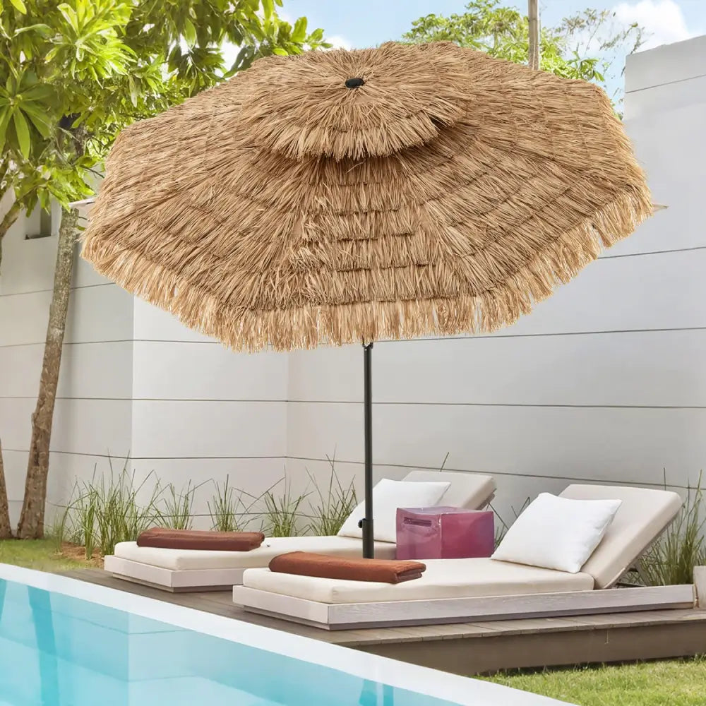 10FT and 2-Tier Tiki Patio Umbrella with 8 Ribs-Brown - Brown - Outdoor Umbrellas