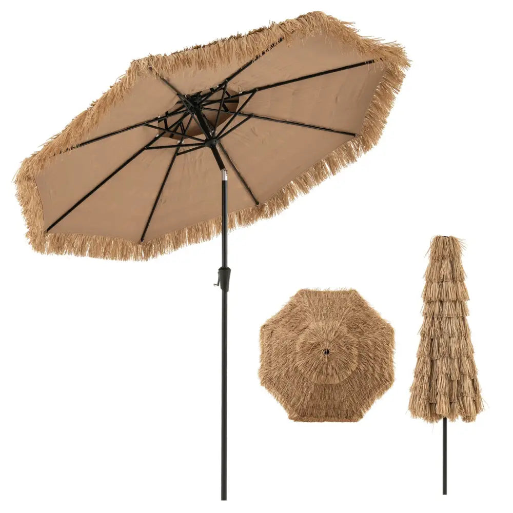 10FT and 2-Tier Tiki Patio Umbrella with 8 Ribs-Brown - Brown - Outdoor Umbrellas