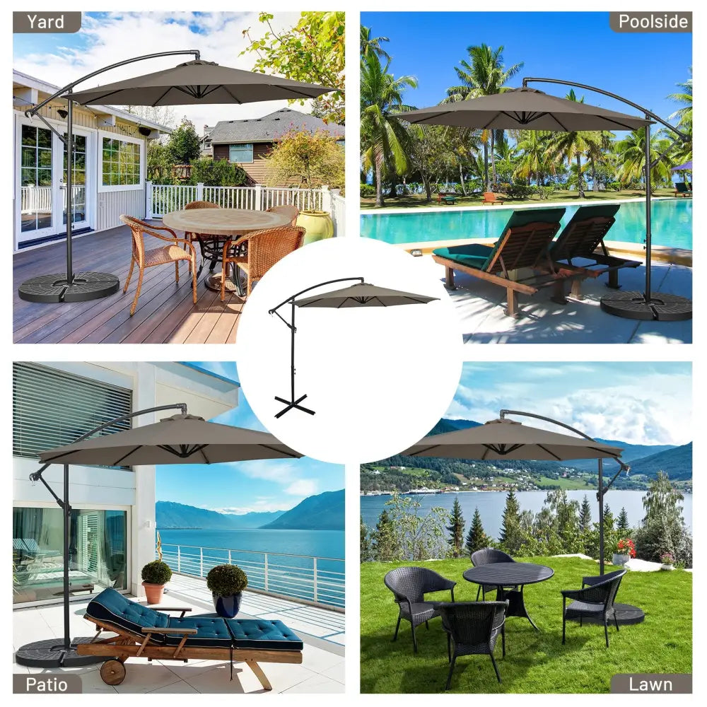 10FT Offset Umbrella with 8 Ribs Cantilever and Cross Base Tilt Adjustment-Brown - Brown - Outdoor Umbrellas