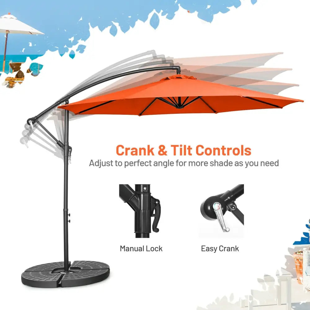 10FT Offset Umbrella with 8 Ribs Cantilever and Cross Base Tilt Adjustment-Orange - Orange - Outdoor Umbrellas