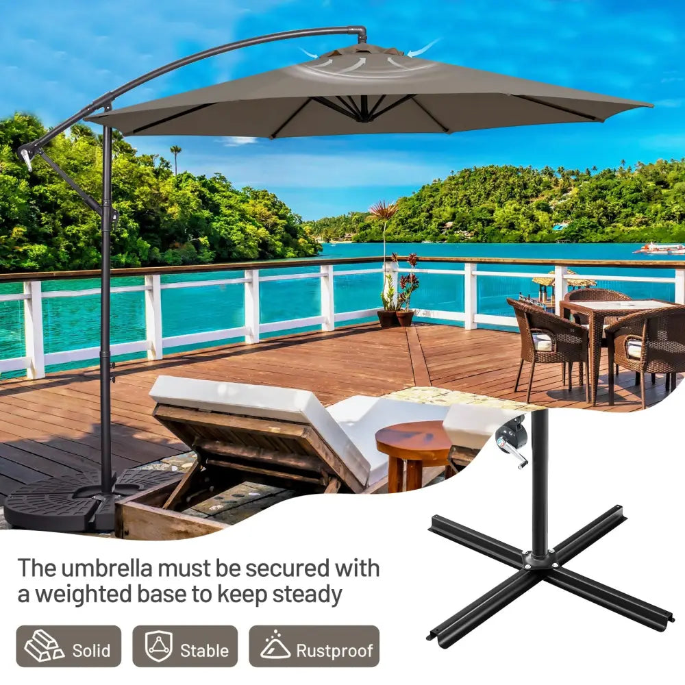 10FT Offset Umbrella with 8 Ribs Cantilever and Cross Base Tilt Adjustment-Brown - Brown - Outdoor Umbrellas