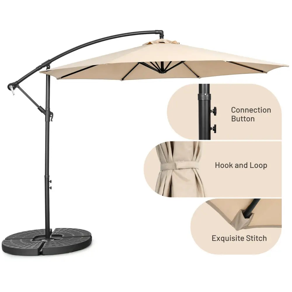 10FT Offset Umbrella with 8 Ribs Cantilever and Cross Base Tilt Adjustment-Beige - Beige - Outdoor Umbrellas