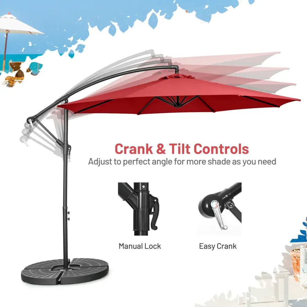 10FT Offset Umbrella with 8 Ribs Cantilever and Cross Base Tilt Adjustment-Red - Red - Outdoor Umbrellas