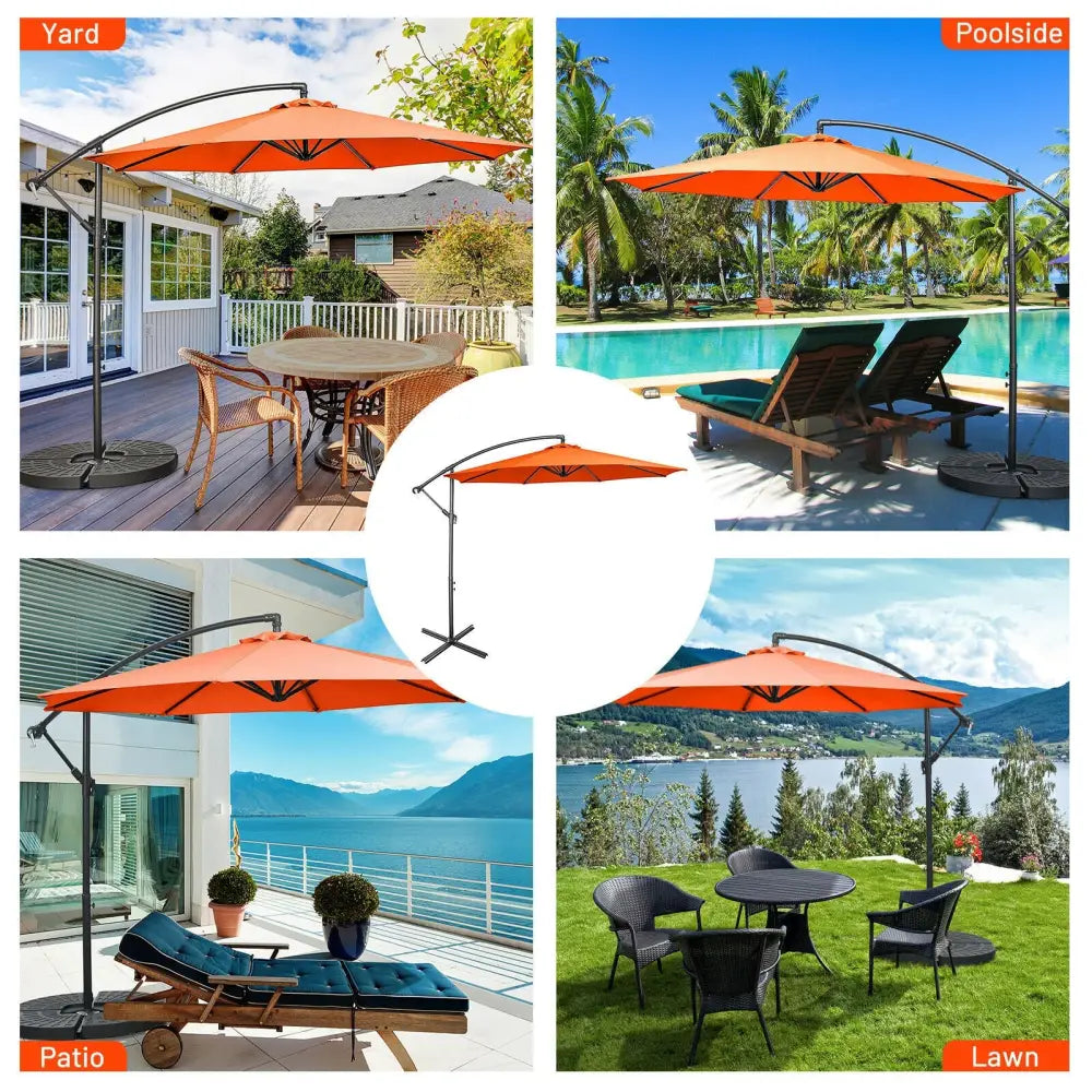 10FT Offset Umbrella with 8 Ribs Cantilever and Cross Base Tilt Adjustment-Orange - Orange - Outdoor Umbrellas