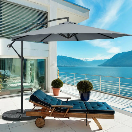 10FT Offset Umbrella with 8 Ribs Cantilever and Cross Base Tilt Adjustment-Gray - Gray - Outdoor Umbrellas