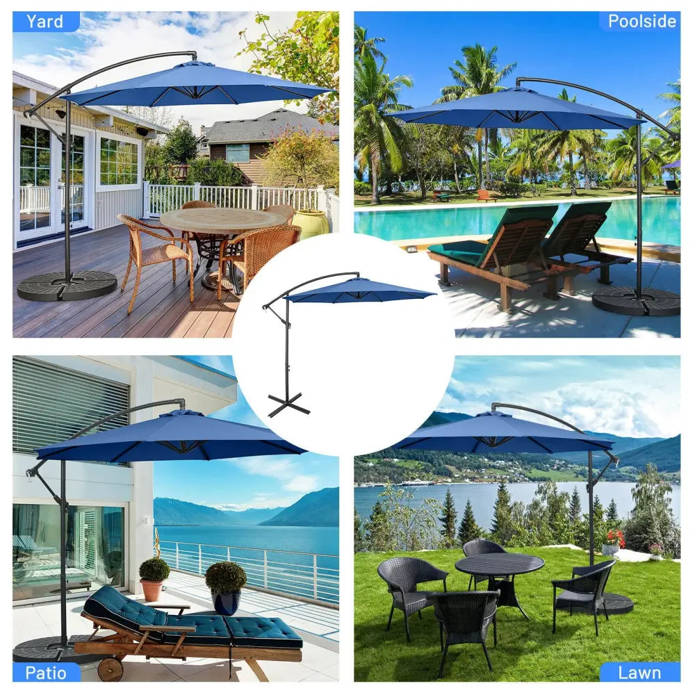 10FT Offset Umbrella with 8 Ribs Cantilever and Cross Base Tilt Adjustment-Blue - Blue - Outdoor Umbrellas