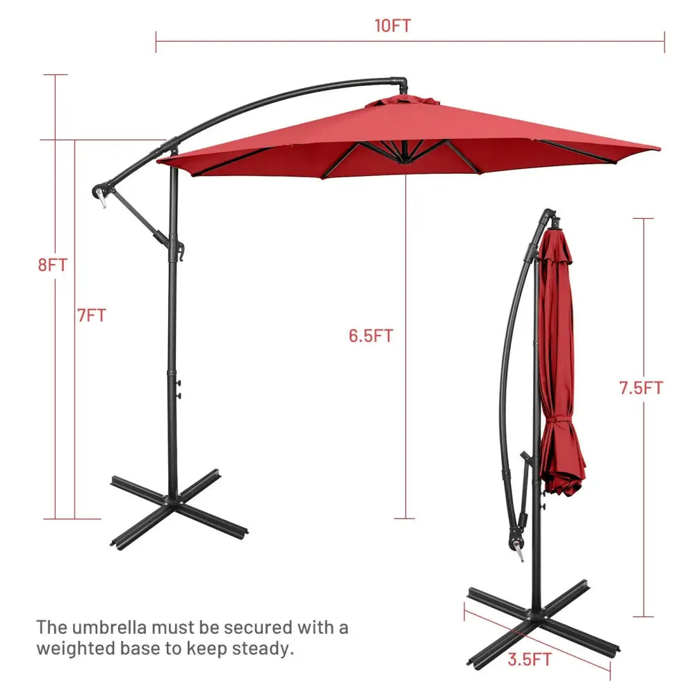 10FT Offset Umbrella with 8 Ribs Cantilever and Cross Base Tilt Adjustment-Red - Red - Outdoor Umbrellas