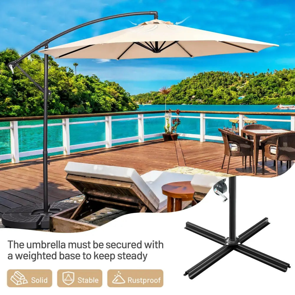 10FT Offset Umbrella with 8 Ribs Cantilever and Cross Base Tilt Adjustment-Beige - Beige - Outdoor Umbrellas