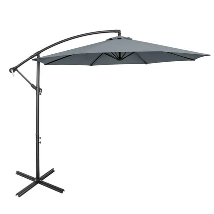 10FT Offset Umbrella with 8 Ribs Cantilever and Cross Base Tilt Adjustment-Gray - Gray - Outdoor Umbrellas