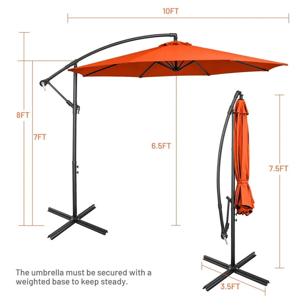 10FT Offset Umbrella with 8 Ribs Cantilever and Cross Base Tilt Adjustment-Orange - Orange - Outdoor Umbrellas