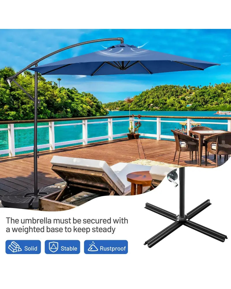 10FT Offset Umbrella with 8 Ribs Cantilever and Cross Base Tilt Adjustment-Blue - Blue - Outdoor Umbrellas