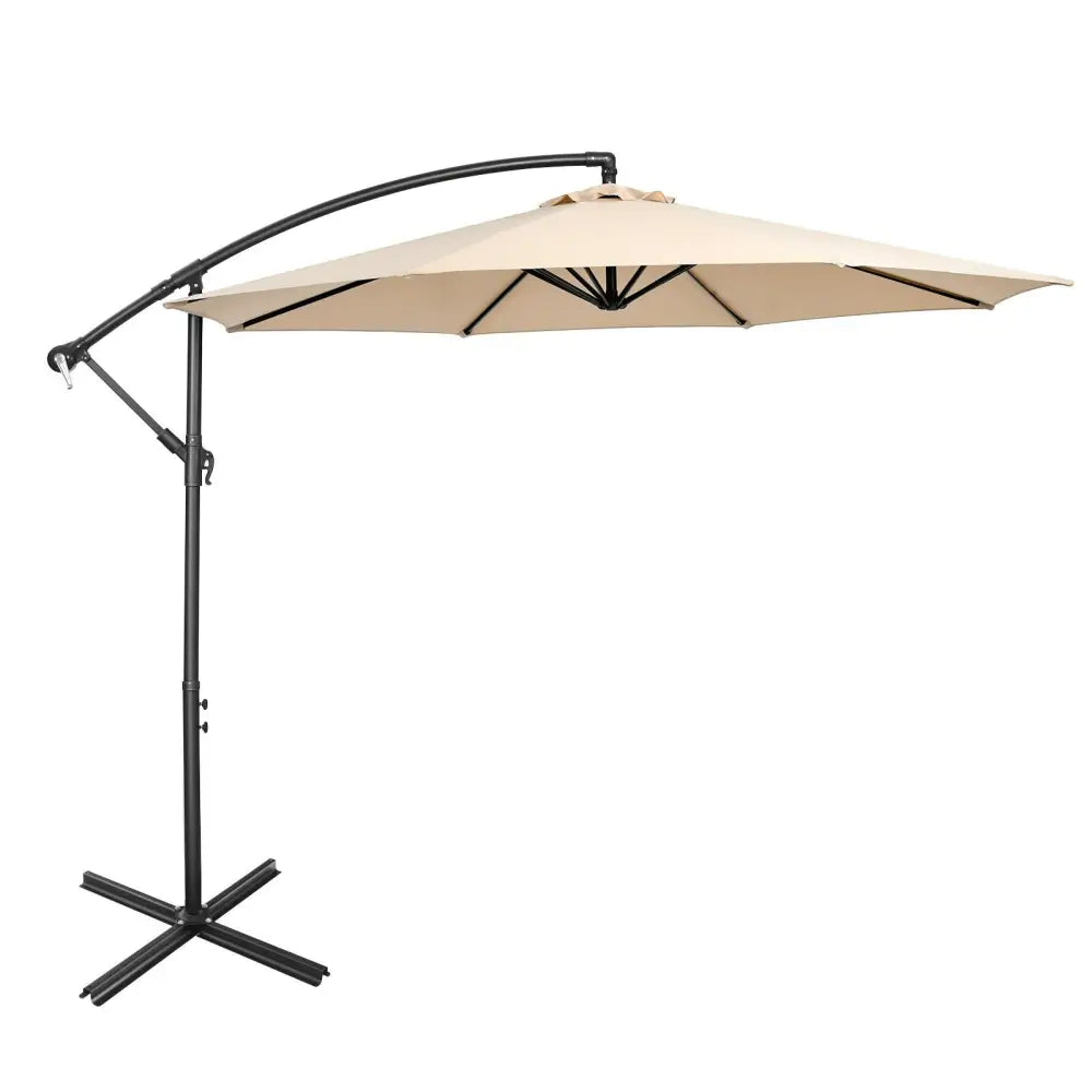 10FT Offset Umbrella with 8 Ribs Cantilever and Cross Base Tilt Adjustment-Beige - Beige - Outdoor Umbrellas