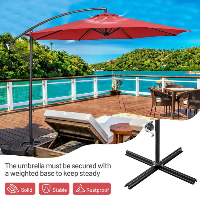 10FT Offset Umbrella with 8 Ribs Cantilever and Cross Base Tilt Adjustment-Red - Red - Outdoor Umbrellas