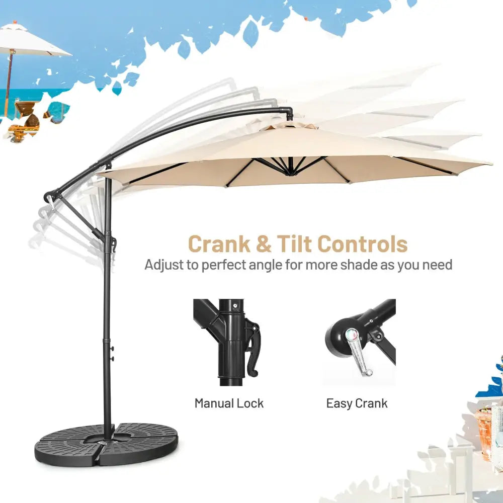 10FT Offset Umbrella with 8 Ribs Cantilever and Cross Base Tilt Adjustment-Beige - Beige - Outdoor Umbrellas