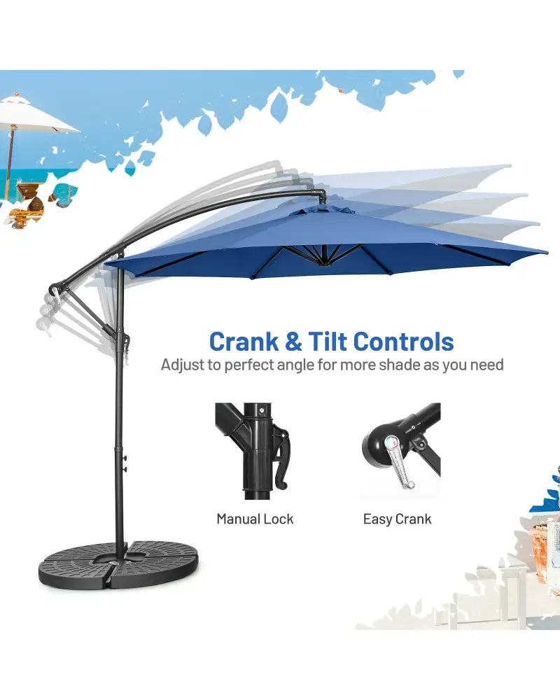 10FT Offset Umbrella with 8 Ribs Cantilever and Cross Base Tilt Adjustment-Blue - Blue - Outdoor Umbrellas