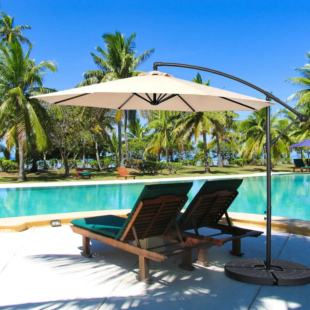 10FT Offset Umbrella with 8 Ribs Cantilever and Cross Base Tilt Adjustment-Beige - Beige - Outdoor Umbrellas