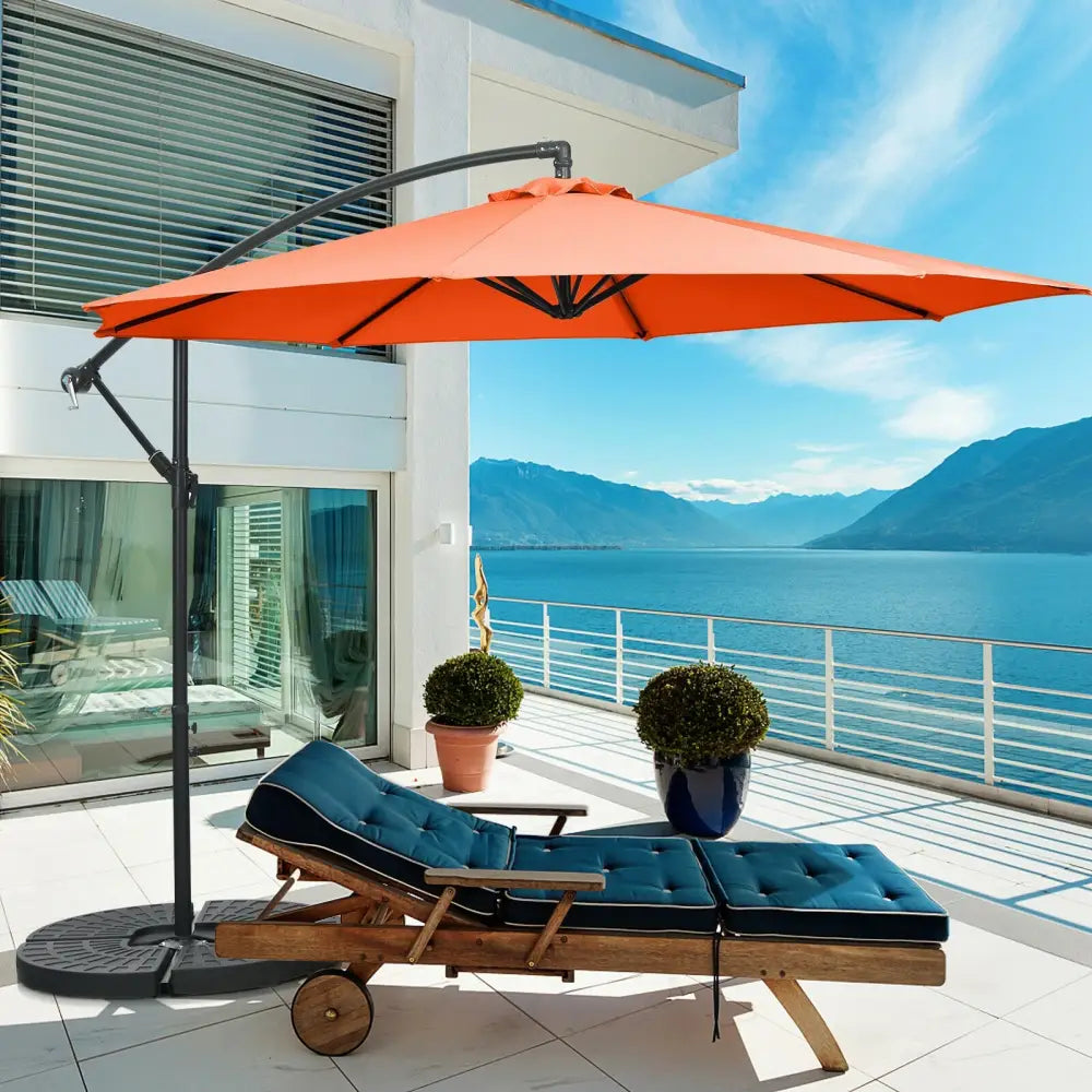 10FT Offset Umbrella with 8 Ribs Cantilever and Cross Base Tilt Adjustment-Orange - Orange - Outdoor Umbrellas