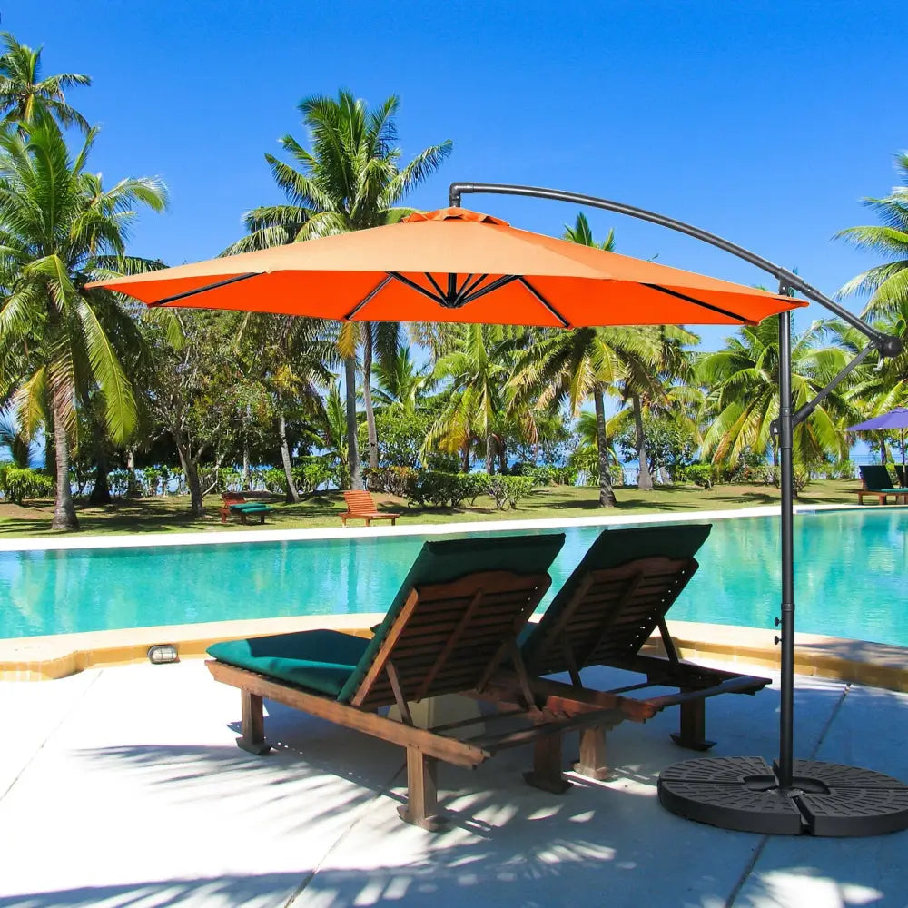 10FT Offset Umbrella with 8 Ribs Cantilever and Cross Base Tilt Adjustment-Orange - Orange - Outdoor Umbrellas