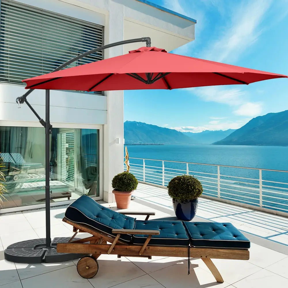 10FT Offset Umbrella with 8 Ribs Cantilever and Cross Base Tilt Adjustment-Red - Red - Outdoor Umbrellas