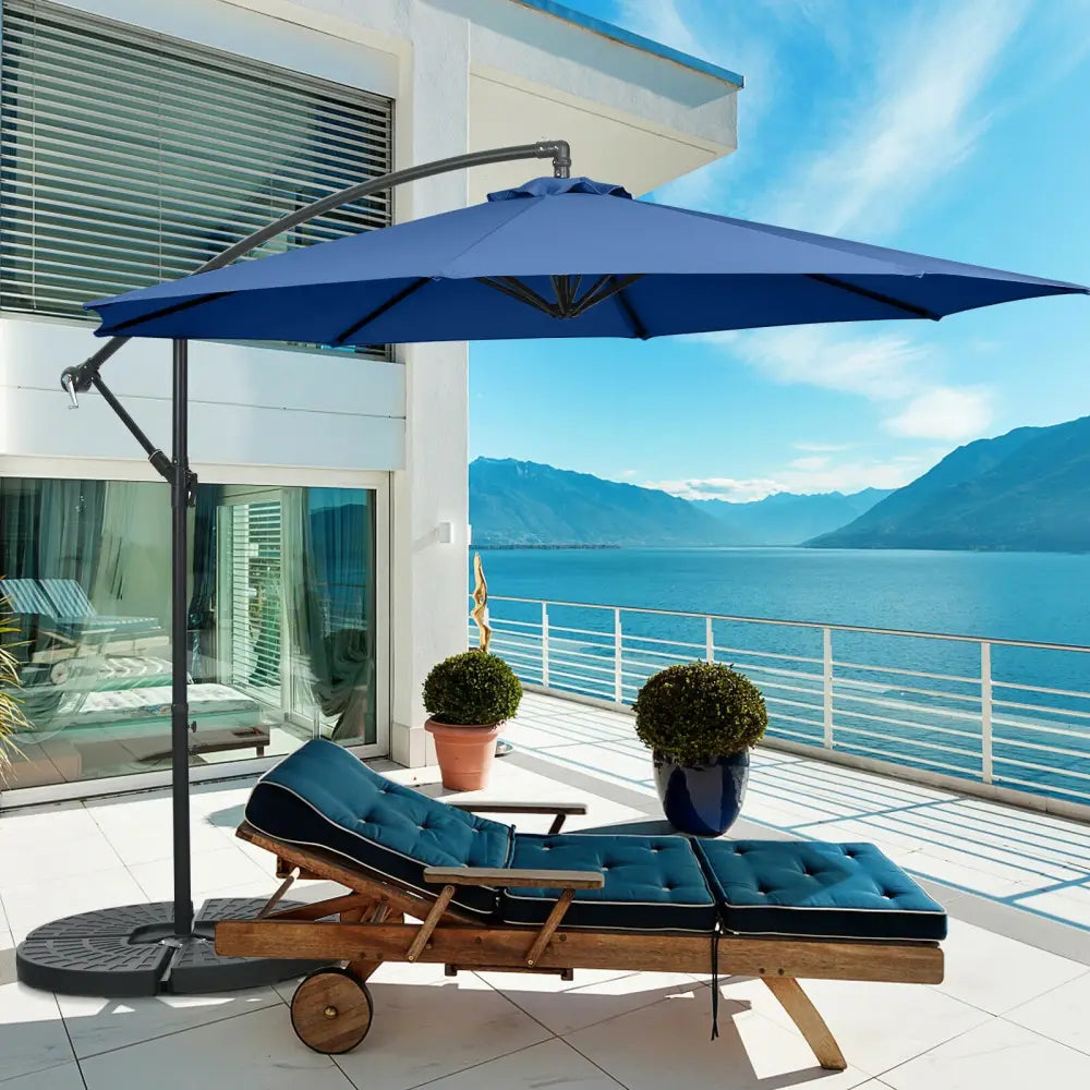 10FT Offset Umbrella with 8 Ribs Cantilever and Cross Base Tilt Adjustment-Blue - Blue - Outdoor Umbrellas