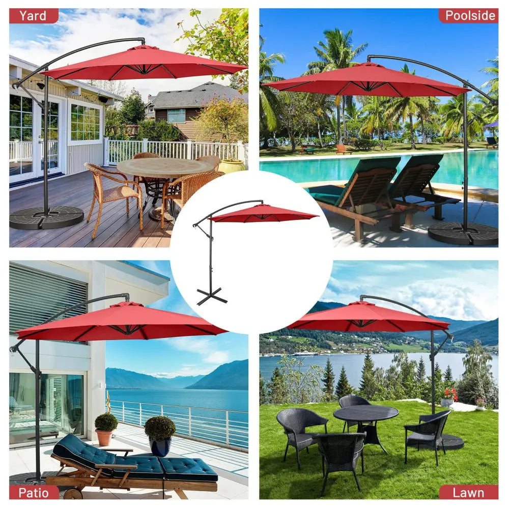 10FT Offset Umbrella with 8 Ribs Cantilever and Cross Base Tilt Adjustment-Red - Red - Outdoor Umbrellas