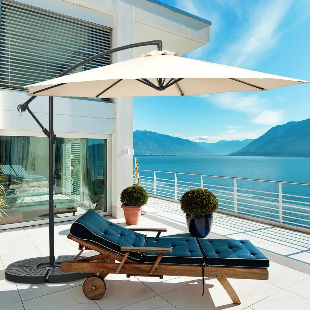 10FT Offset Umbrella with 8 Ribs Cantilever and Cross Base Tilt Adjustment-Beige - Beige - Outdoor Umbrellas