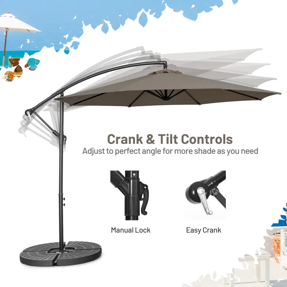 10FT Offset Umbrella with 8 Ribs Cantilever and Cross Base Tilt Adjustment-Brown - Brown - Outdoor Umbrellas