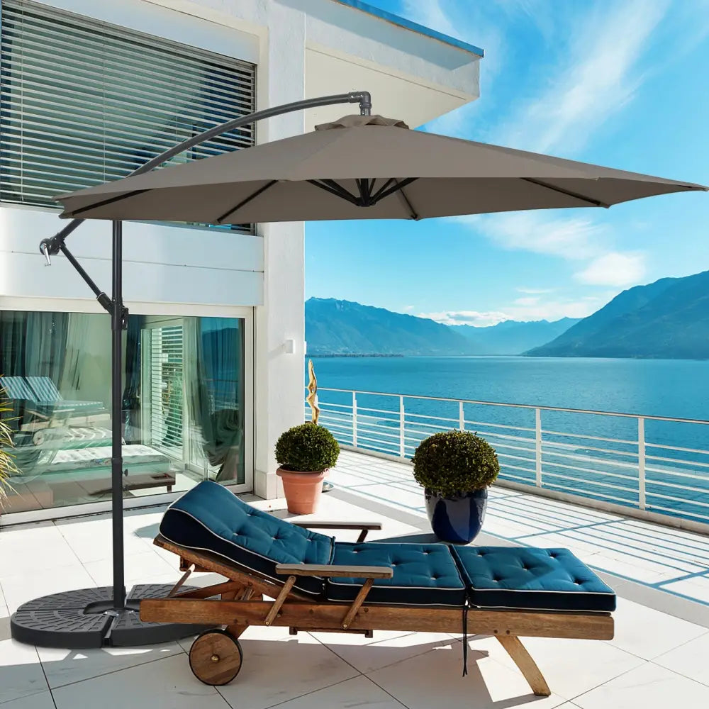10FT Offset Umbrella with 8 Ribs Cantilever and Cross Base Tilt Adjustment-Brown - Brown - Outdoor Umbrellas