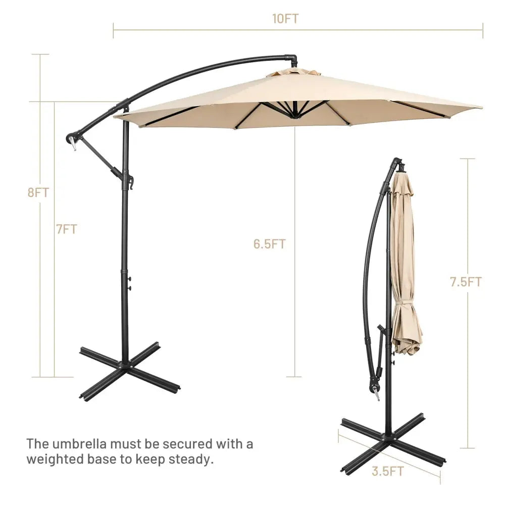 10FT Offset Umbrella with 8 Ribs Cantilever and Cross Base Tilt Adjustment-Beige - Beige - Outdoor Umbrellas