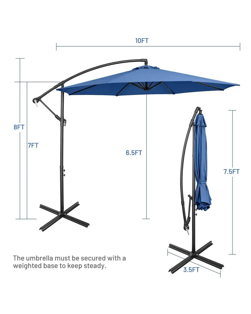 10FT Offset Umbrella with 8 Ribs Cantilever and Cross Base Tilt Adjustment-Blue - Blue - Outdoor Umbrellas