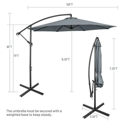 10FT Offset Umbrella with 8 Ribs Cantilever and Cross Base Tilt Adjustment-Gray - Gray - Outdoor Umbrellas