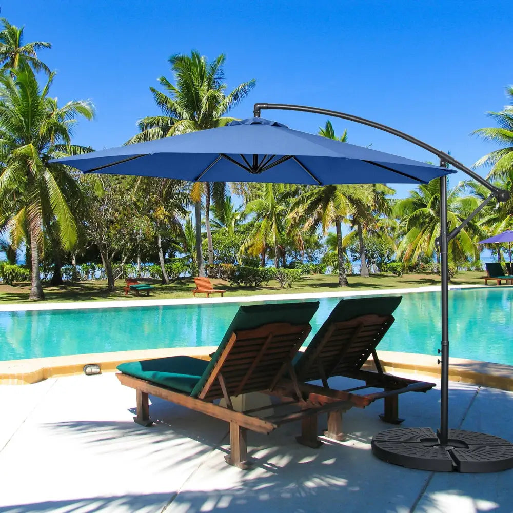 10FT Offset Umbrella with 8 Ribs Cantilever and Cross Base Tilt Adjustment-Blue - Blue - Outdoor Umbrellas