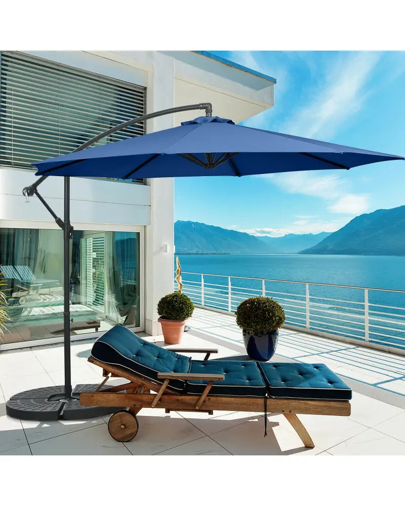 10FT Offset Umbrella with 8 Ribs Cantilever and Cross Base Tilt Adjustment-Blue - Blue - Outdoor Umbrellas