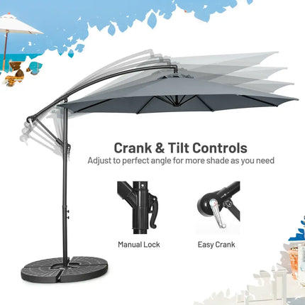 10FT Offset Umbrella with 8 Ribs Cantilever and Cross Base Tilt Adjustment-Gray - Gray - Outdoor Umbrellas