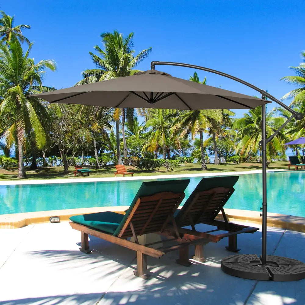 10FT Offset Umbrella with 8 Ribs Cantilever and Cross Base Tilt Adjustment-Brown - Brown - Outdoor Umbrellas