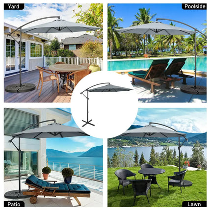 10FT Offset Umbrella with 8 Ribs Cantilever and Cross Base Tilt Adjustment-Gray - Gray - Outdoor Umbrellas
