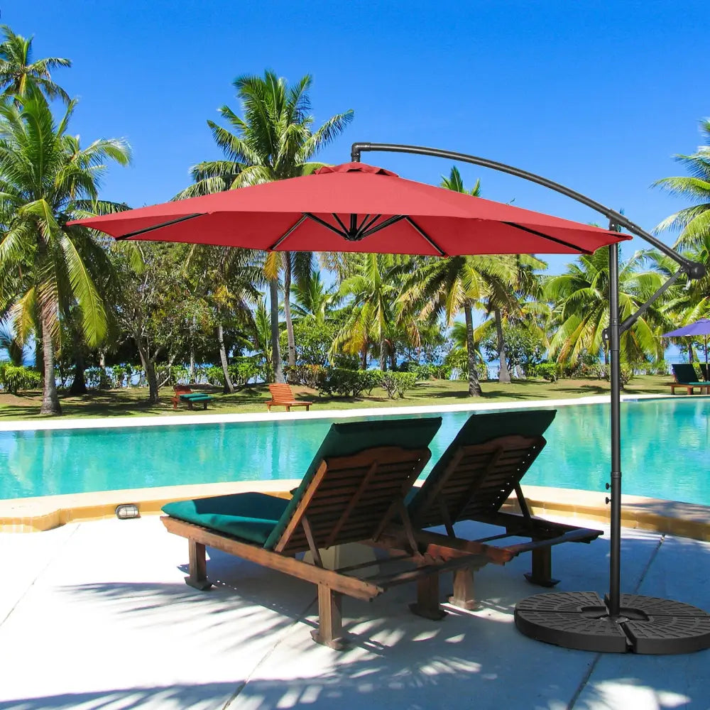 10FT Offset Umbrella with 8 Ribs Cantilever and Cross Base Tilt Adjustment-Red - Red - Outdoor Umbrellas