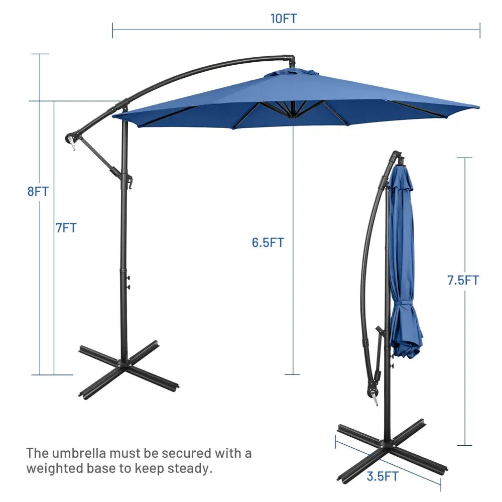 10FT Offset Umbrella with 8 Ribs Cantilever and Cross Base Tilt Adjustment-Blue - Blue - Outdoor Umbrellas