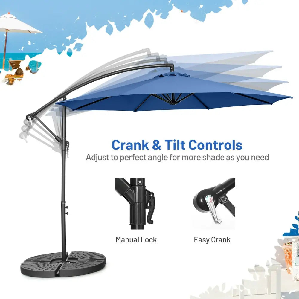 10FT Offset Umbrella with 8 Ribs Cantilever and Cross Base Tilt Adjustment-Blue - Blue - Outdoor Umbrellas