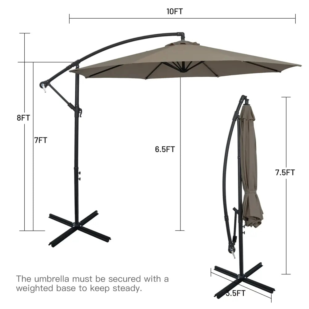 10FT Offset Umbrella with 8 Ribs Cantilever and Cross Base Tilt Adjustment-Brown - Brown - Outdoor Umbrellas