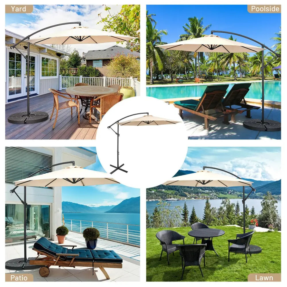 10FT Offset Umbrella with 8 Ribs Cantilever and Cross Base Tilt Adjustment-Beige - Beige - Outdoor Umbrellas