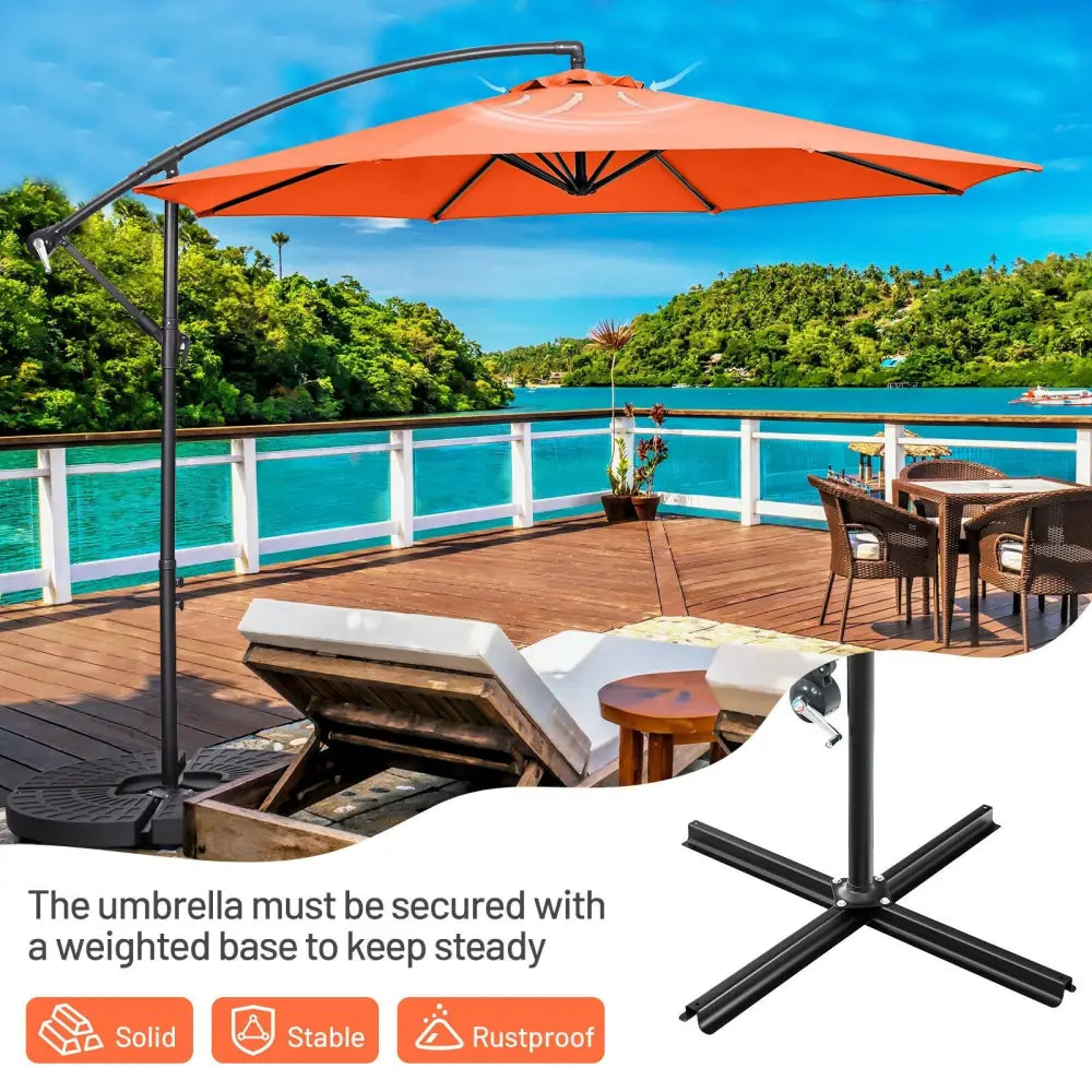 10FT Offset Umbrella with 8 Ribs Cantilever and Cross Base Tilt Adjustment-Orange - Orange - Outdoor Umbrellas