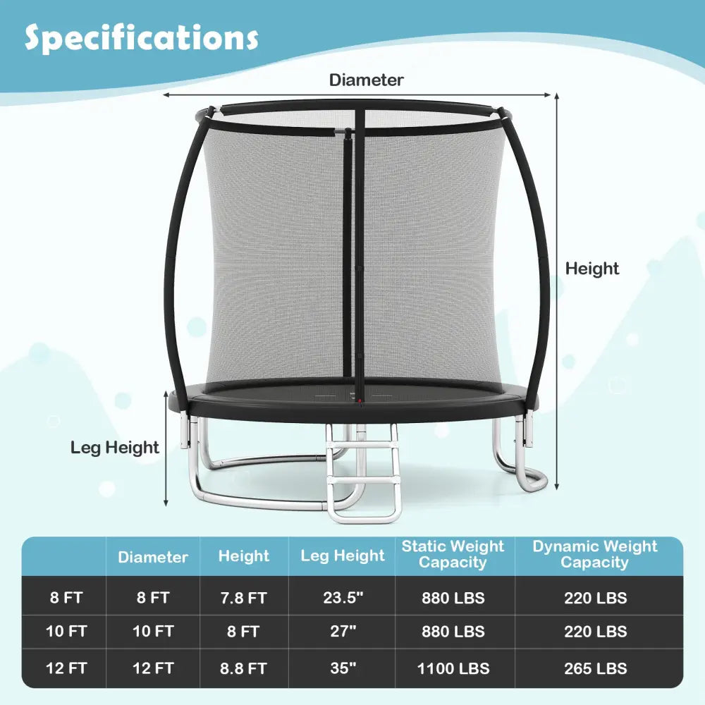 10FT Outdoor Trampoline Heavy-Duty Recreational Trampoline with Safety Enclosure Net-Black - Black - Trampolines